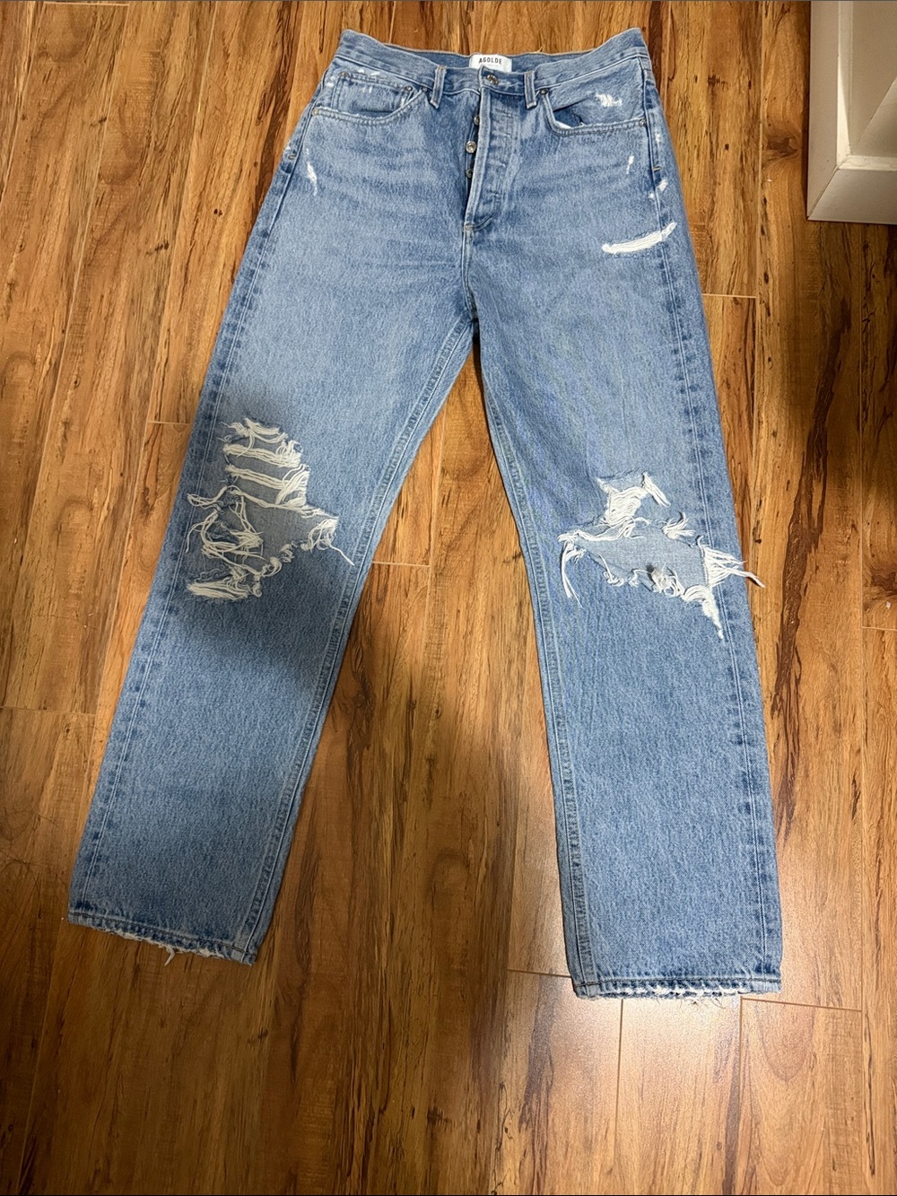 Agolde Light Blue Ripped Straight Jeans